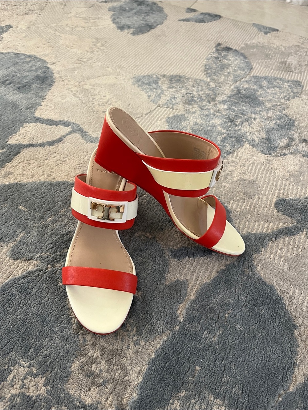Tory Burch Red and Cream Block Heel Slide Sandals